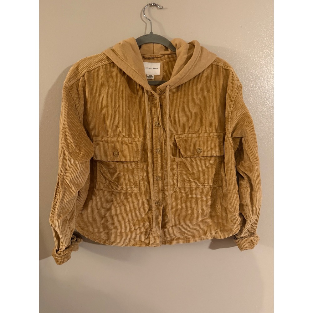 American Eagle Corduroy Hooded Shirt Jacket Mustard Tan Button Up Women Medium